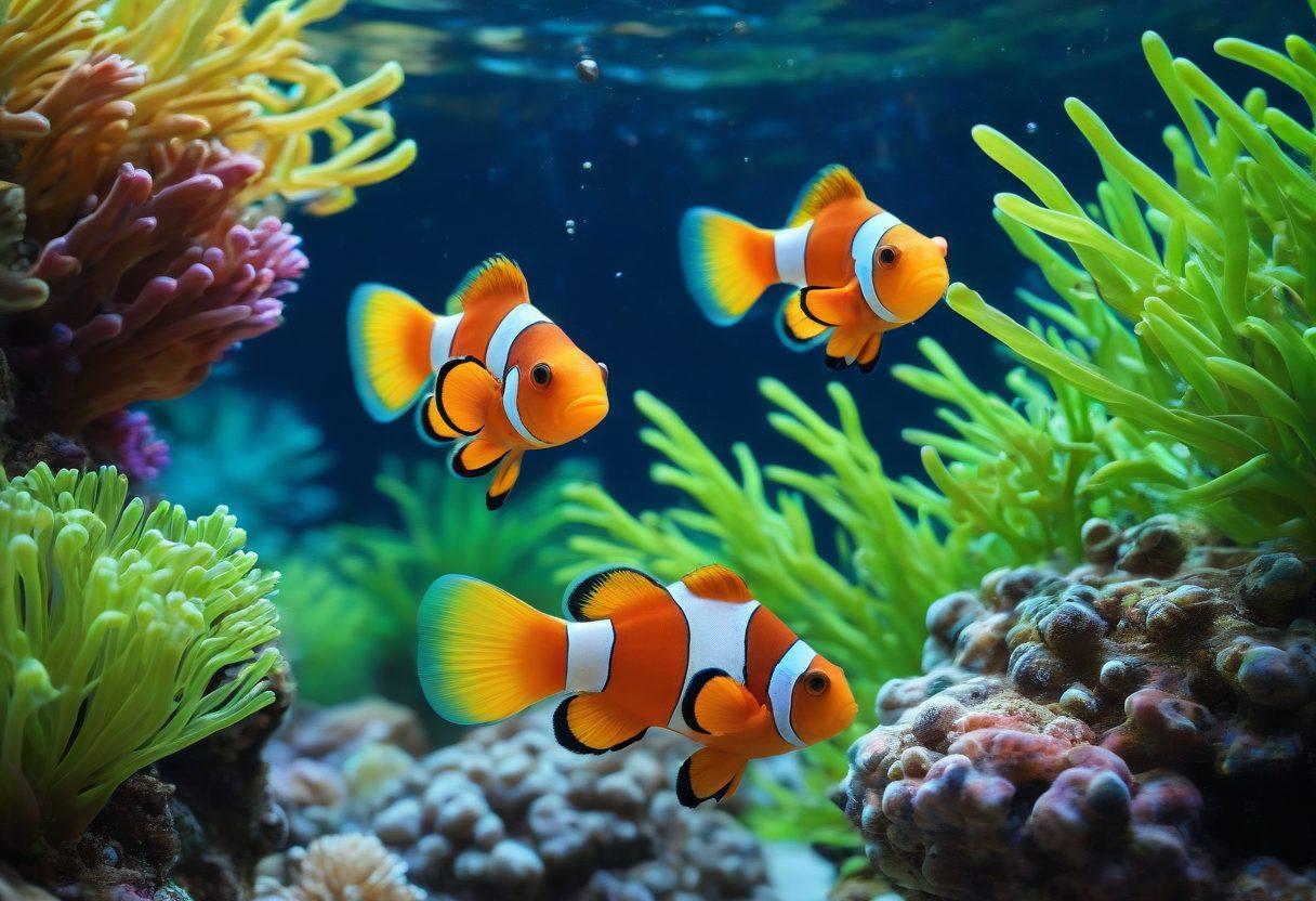 A serene underwater scene showcasing a vibrant aquatic ecosystem, with colorful fish swimming amid lush green plants and coral formations. Include a variety of fish species, such as clownfish and guppies, with bubbles rising to the surface. Bright light filtering through the water, highlighting the natural beauty of the environment. The image evokes a sense of harmony and tranquility, ideal for a blog about fish care. super-realistic. vibrant colors. blue background.