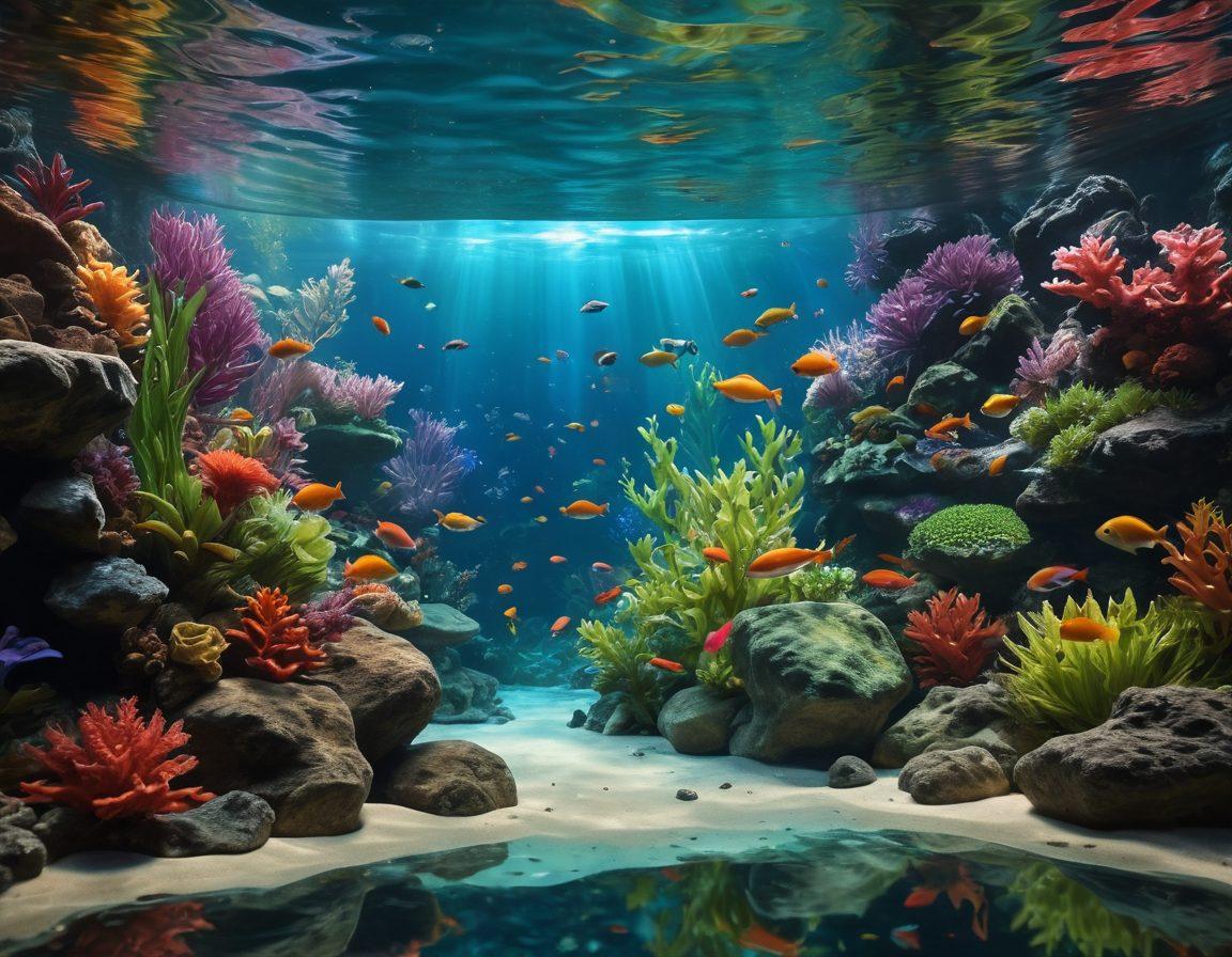 A vibrant underwater scene showcasing a variety of colorful fish swimming among lush aquatic plants, a beautifully designed aquarium in the background, with a dedicated fishkeeper observing in awe. Soft light filters through the water, creating a serene atmosphere. Include elements like decorative rocks and bubbles to enhance depth. super-realistic. vibrant colors. 3D.