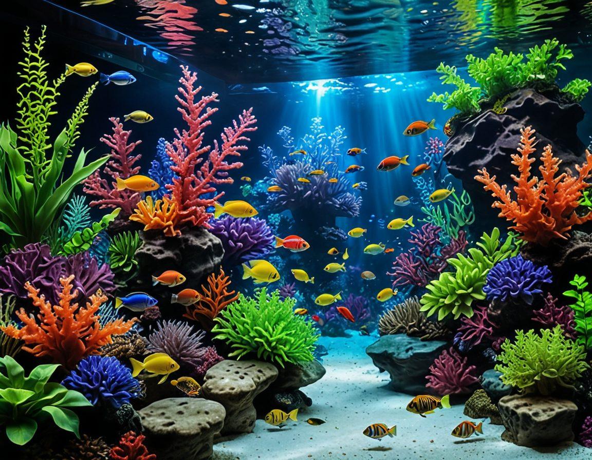 A stunning aquarium scene that transitions from a vibrant freshwater habitat with colorful plants and tropical fish on one side, seamlessly blending into a captivating marine environment filled with corals, seaweed, and exotic saltwater fish on the other. The light refracts beautifully through the water, creating an enchanting atmosphere for fishkeeping enthusiasts. super-realistic. vibrant colors. 3D.